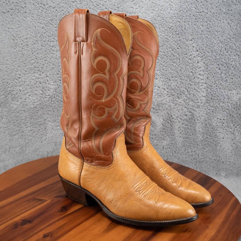 Vintage Nocona Cowboy Boots Two Tone Tan Brown Western R Toe Mens 9.5D